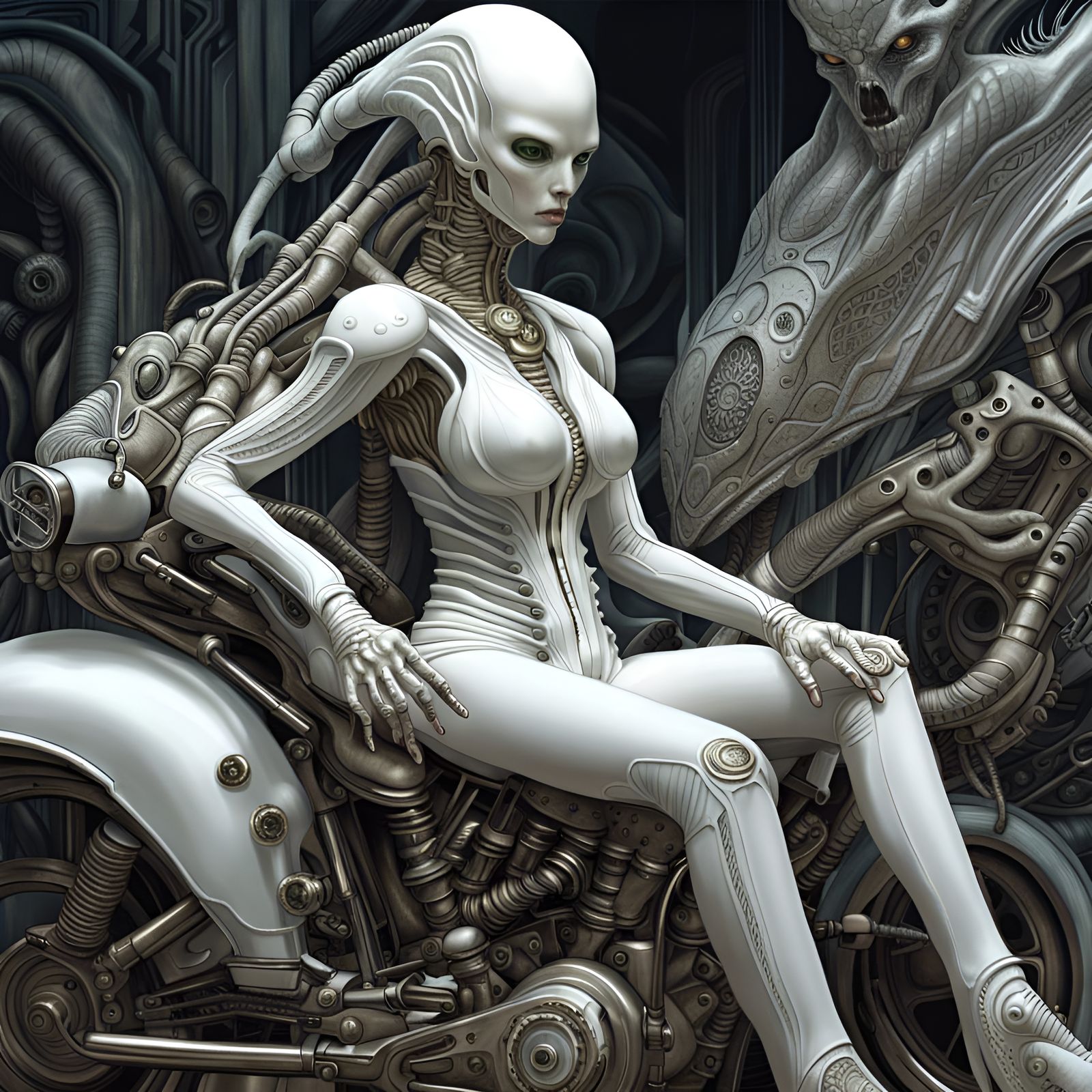Biomechanical Woman on Alien Motorcycle, Hyperrealistic Phot...