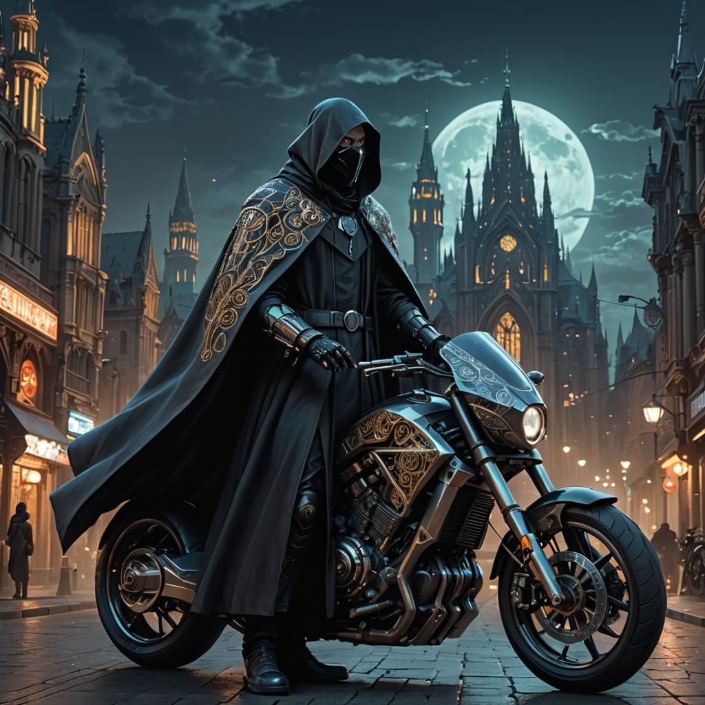 Cloaked Figure on Futuristic Motorcycle in Gothic City