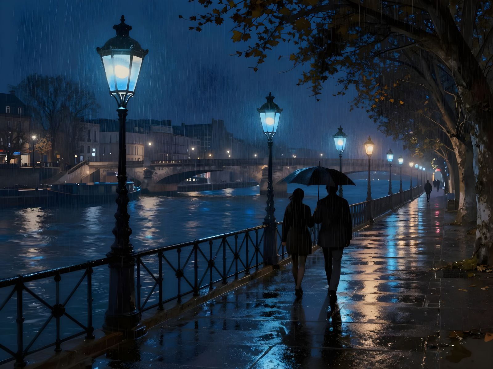 Romantic Paris Rain Scene with Silhouetted Couple