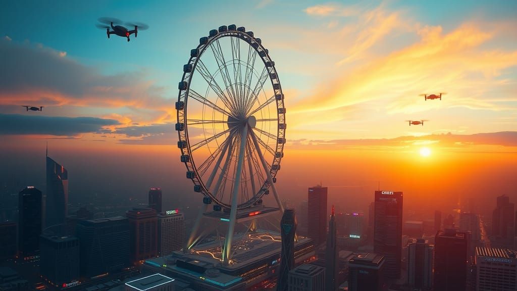 Futuristic Ferris Wheel at Sunset in Cyberpunk City
