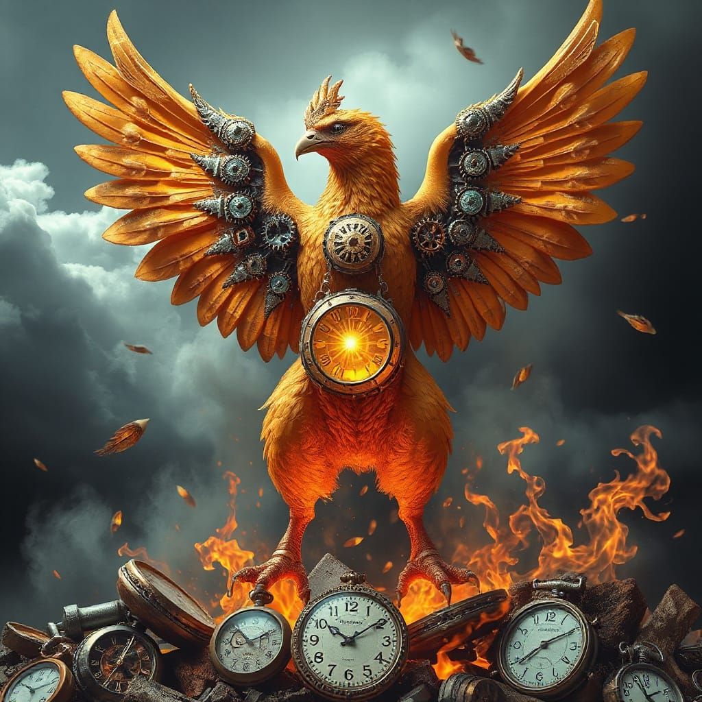 Mechanical Phoenix Rising from Clockwork Pyre