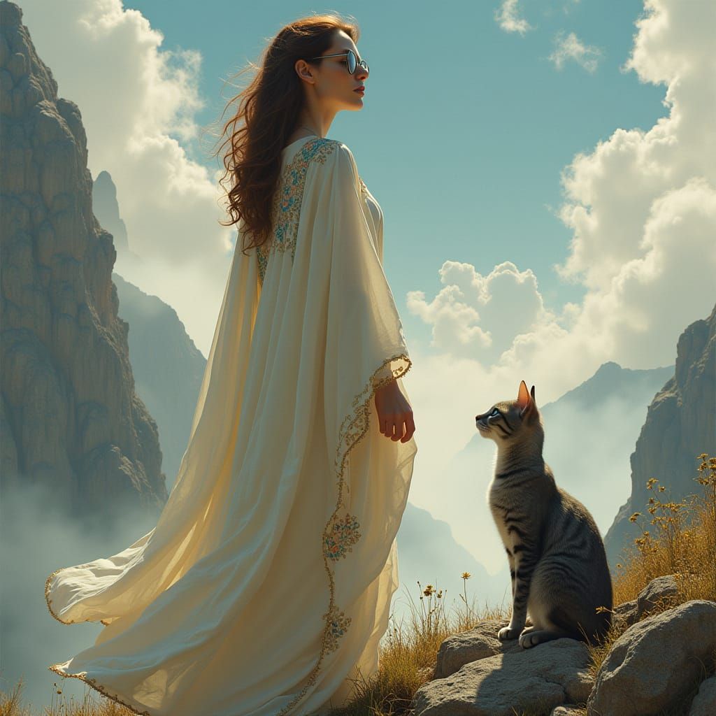 Woman in Ethereal Landscape with Grey Tabby Cat, Psychedelic...
