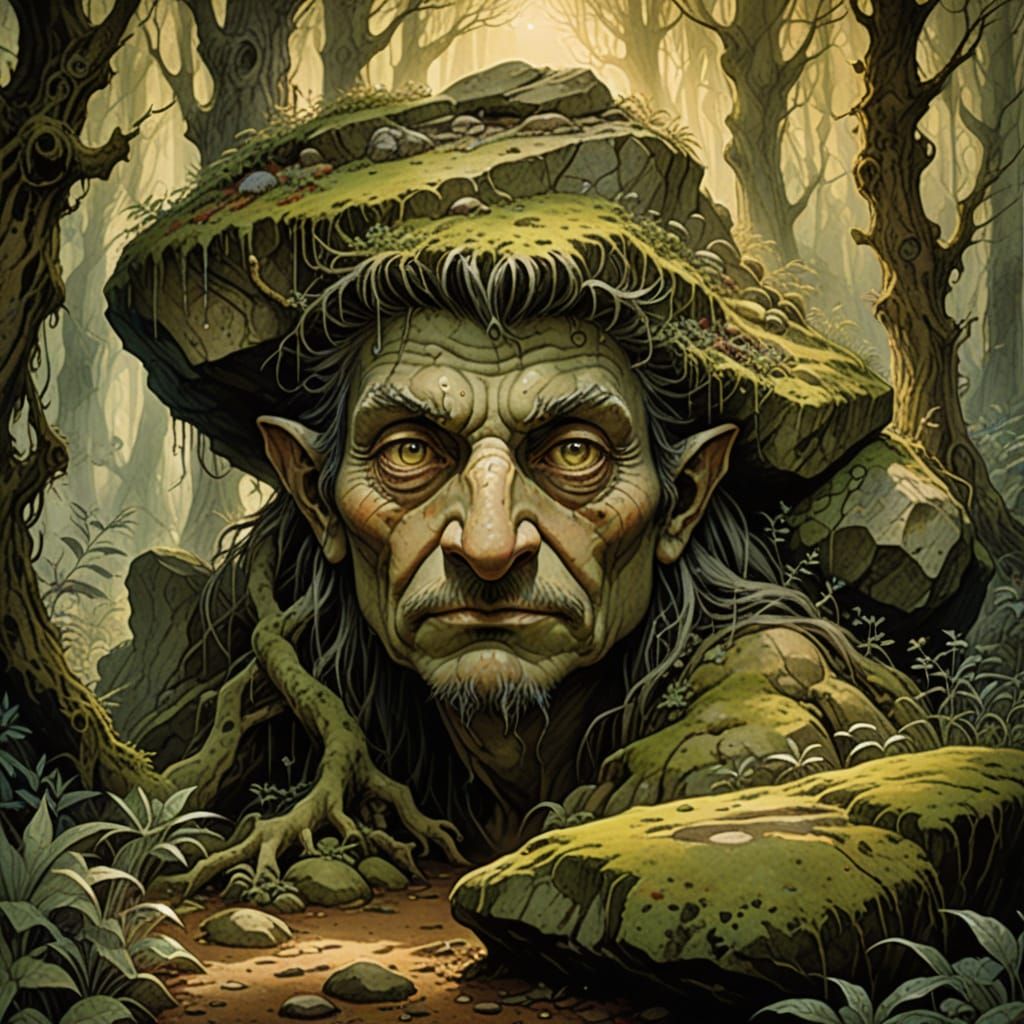 Ancient Forest Boulder in Whimsical Earthy Art Style