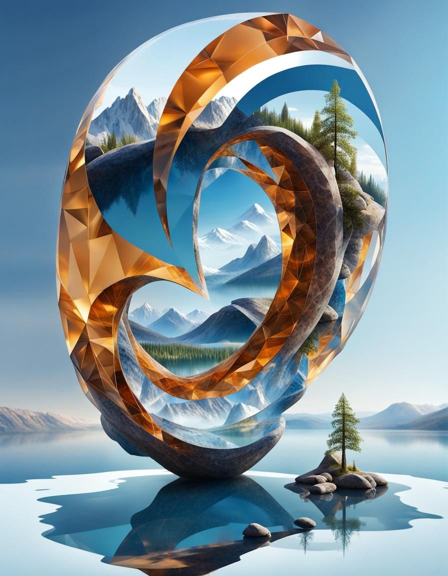 Abstract Crystal Structure Over Lake Scene