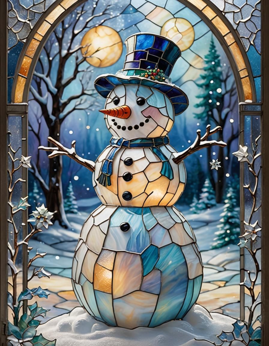 Stained Glass Snowman in Winter Wonderland
