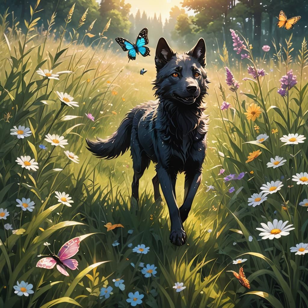 Black Wolf Pup Chasing Butterfly: Anime Key Visual