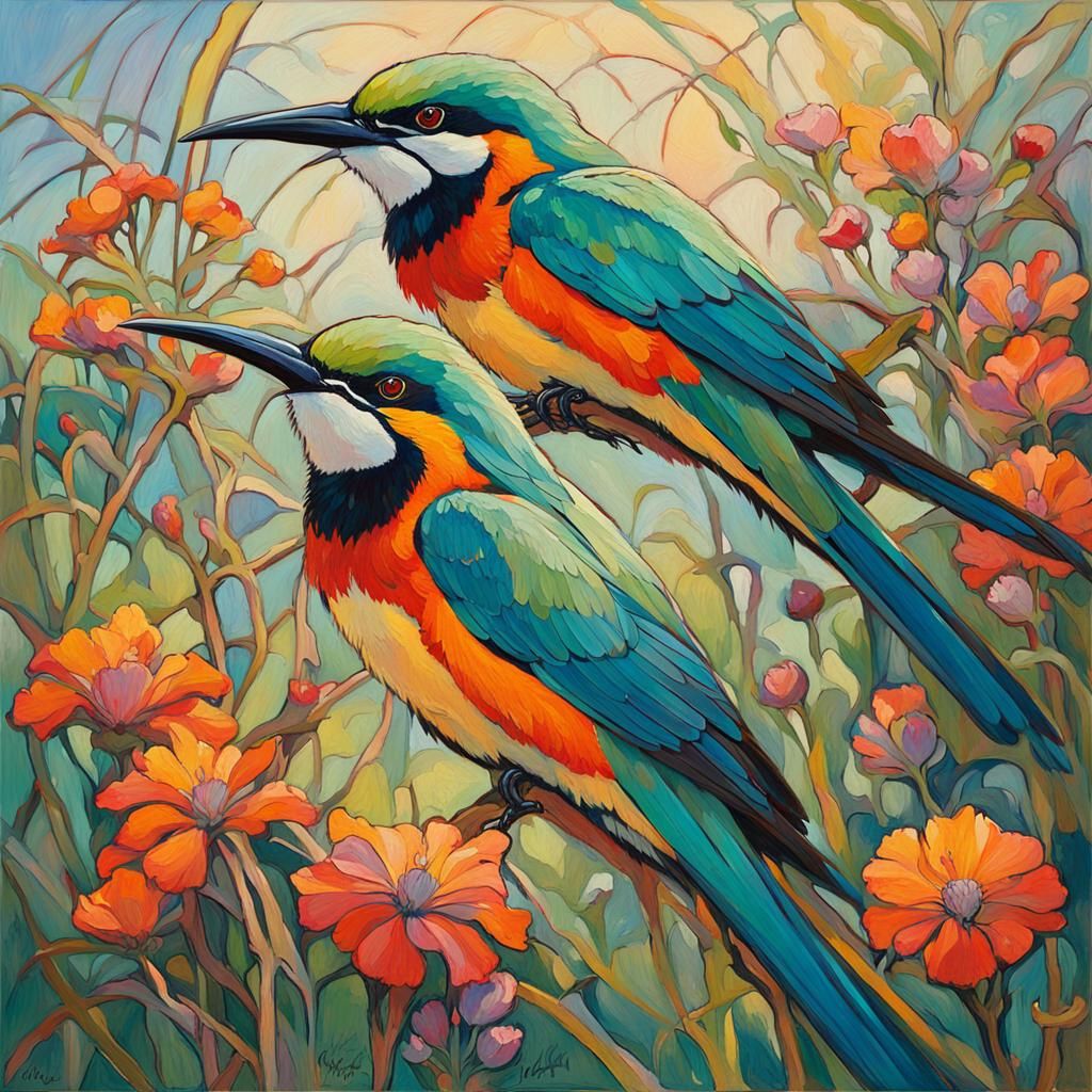 Art Nouveau Bee-Eaters in Morning Light