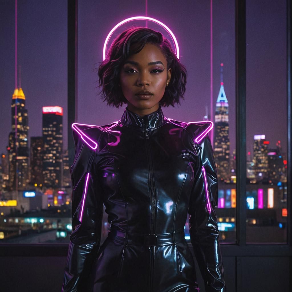 Neon Cyberpunk Woman with Glowing Halo in Synthwave Style