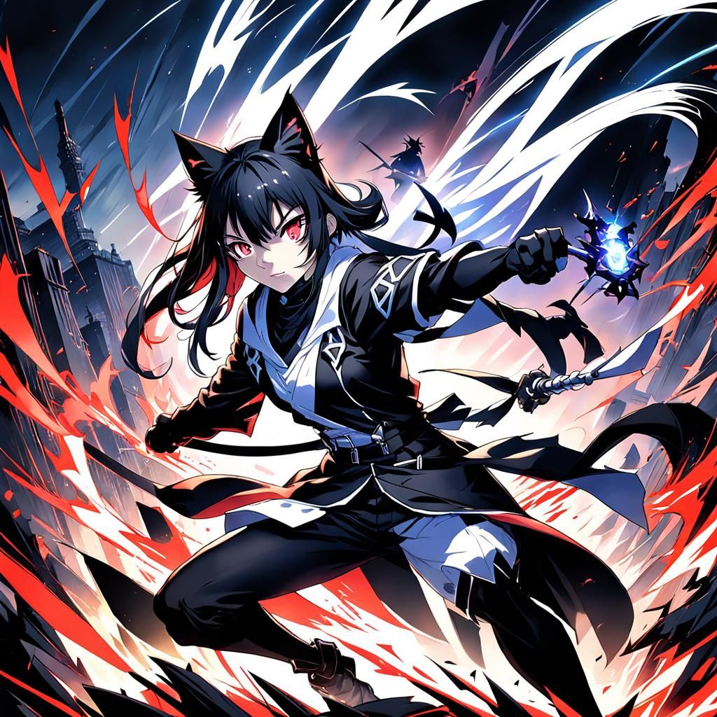 Anime Catgirl Villain Showdown in Ghibli Style