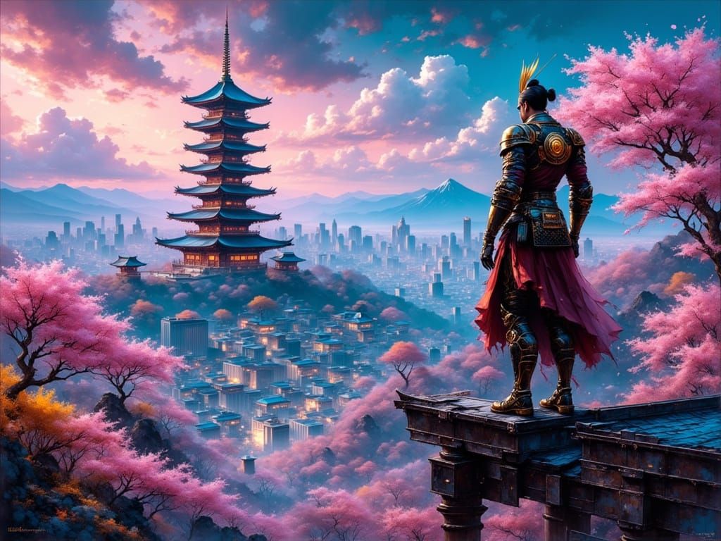Cyberpunk Samurai Amidst Cherry Blossoms in Neon-Lit Pagoda