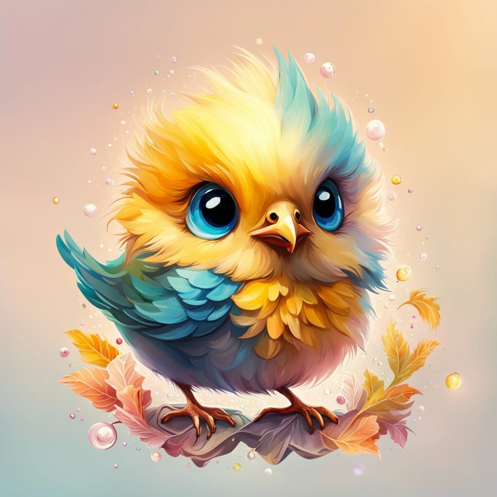 Adorable Chibi Bird in Watercolor and Oil