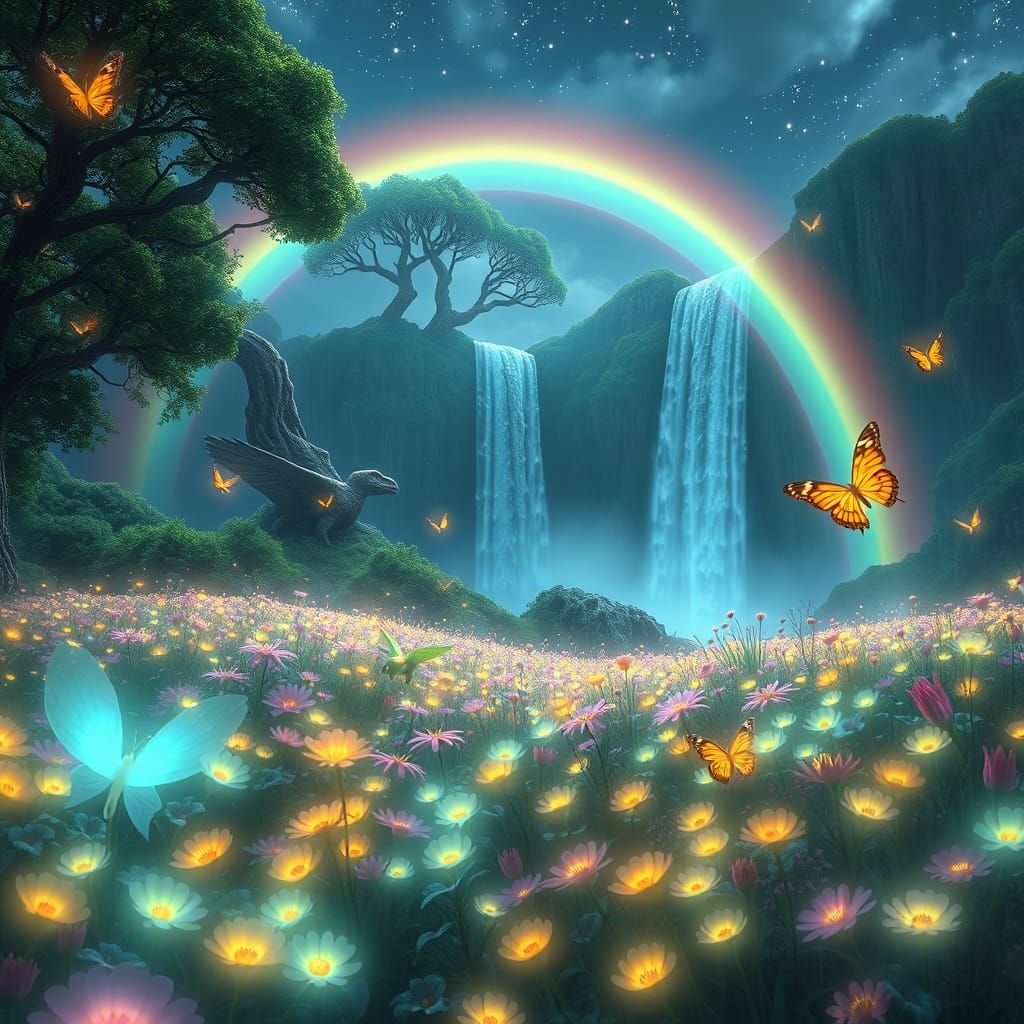 Bioluminescent Prehistoric Field with Archaeopteryx in Anime...