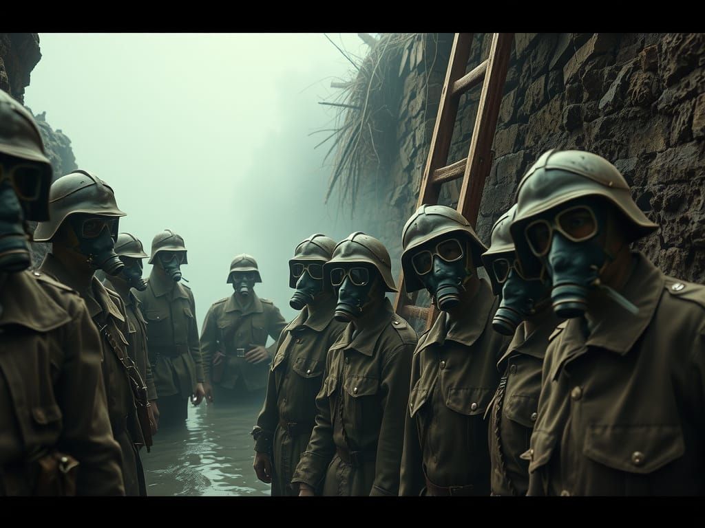 WWI German Stormtroopers in Gas Masks: Somber Realism
