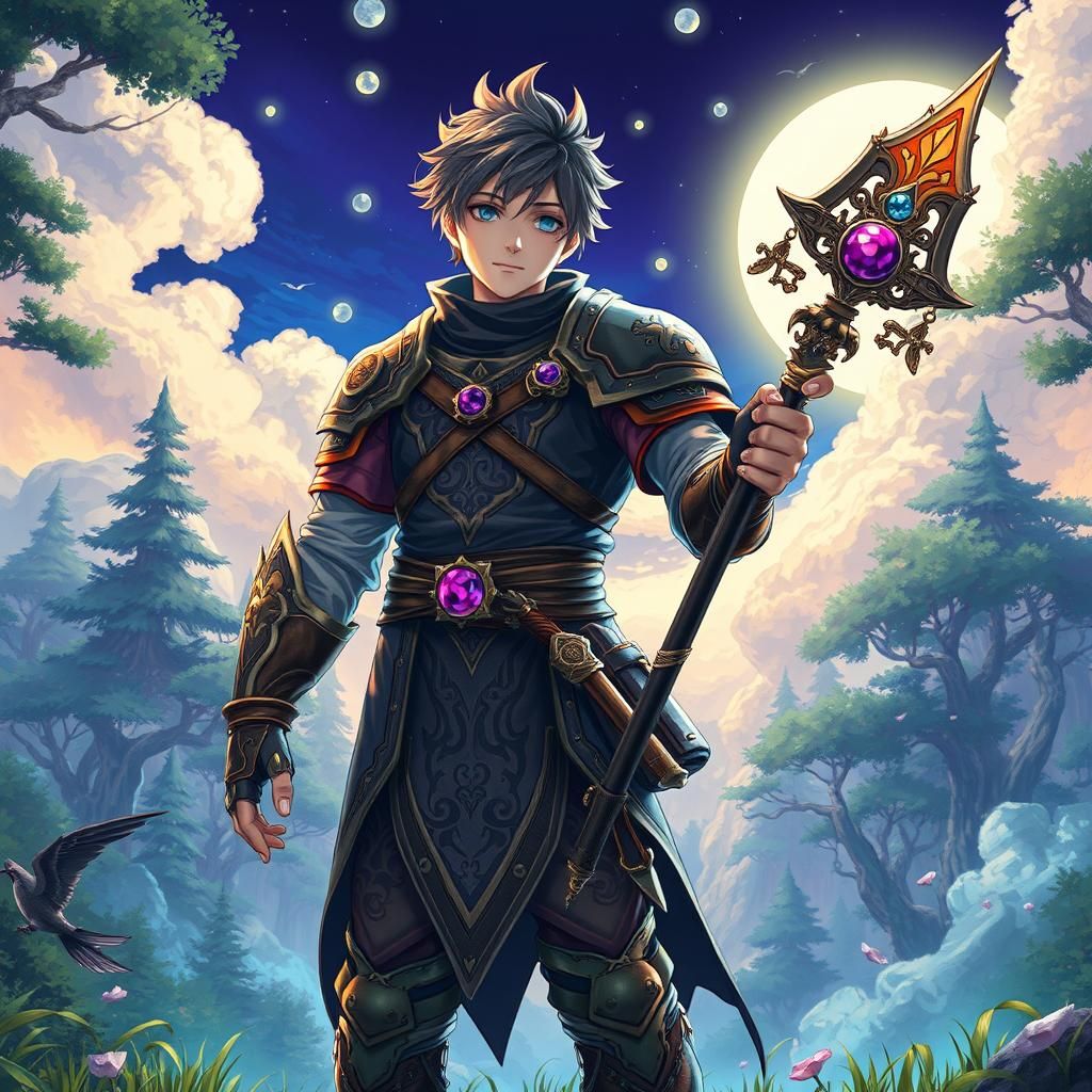 Fantasy RPG Hero in Moonlit Forest Illustration