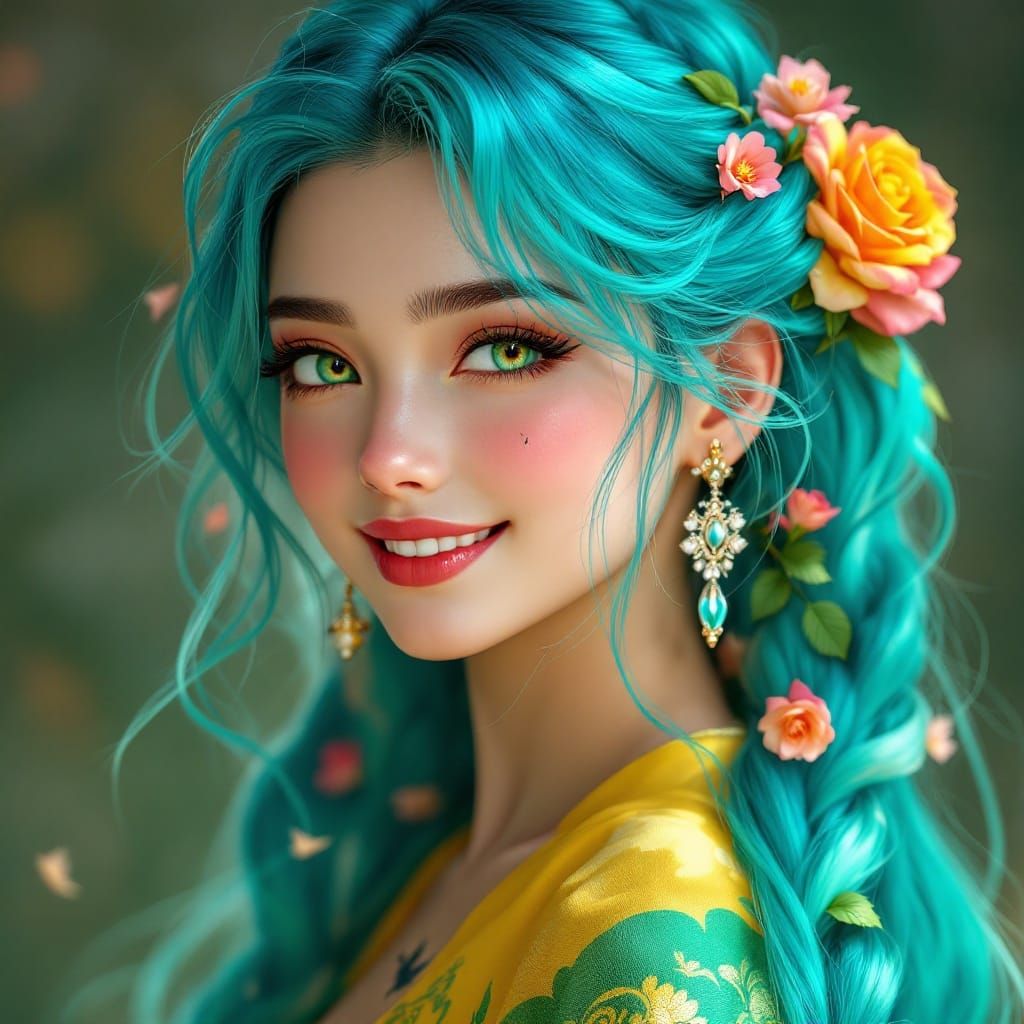 Elegant Girl with Vibrant Hair and Whimsical Touches