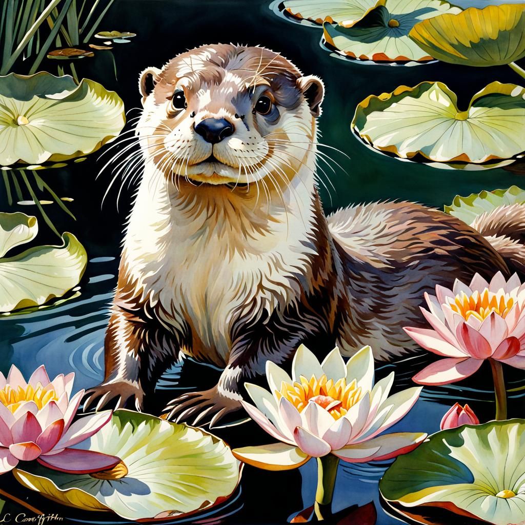 Watercolor Otter with Water Lilies in Leyendecker Style