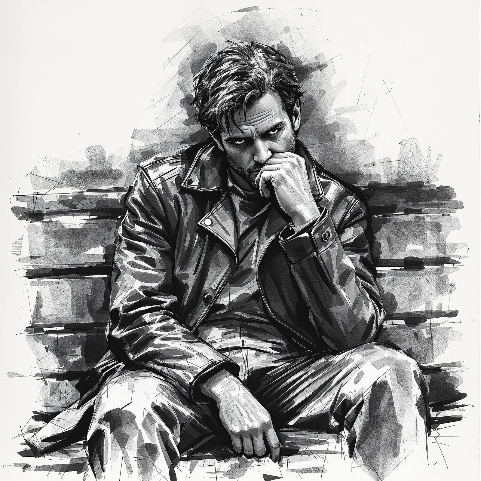 Thoughtful Man Portrait in Expressive Charcoal Style