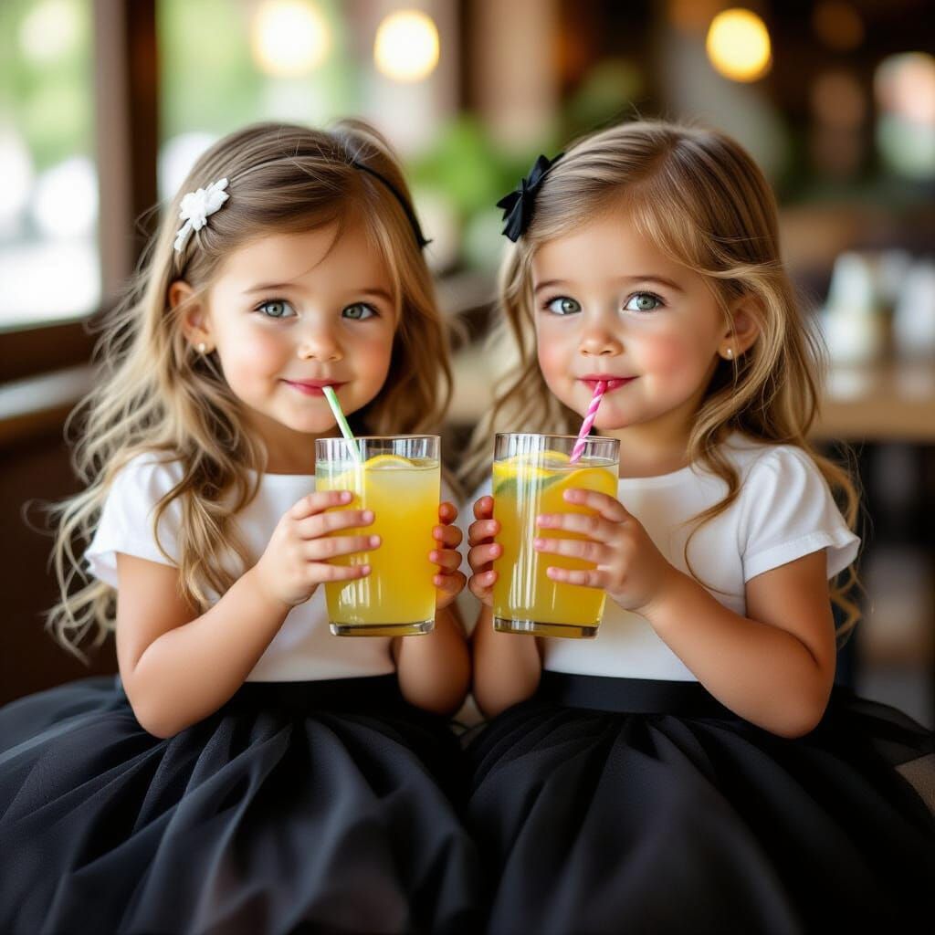 Identical Twin Girls Enjoying Lemonade in Realistic Photo