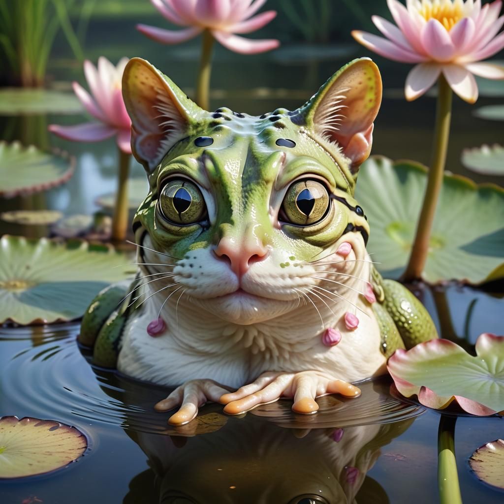 Hyperrealistic Frog-Cat Hybrid in Lily Pond