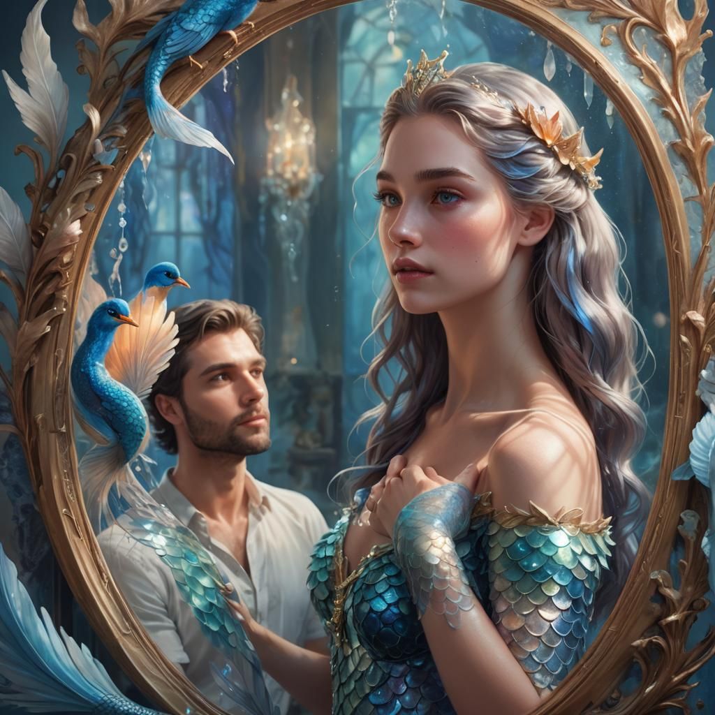Mermaid Gazing into Mirror with Bird Reflection