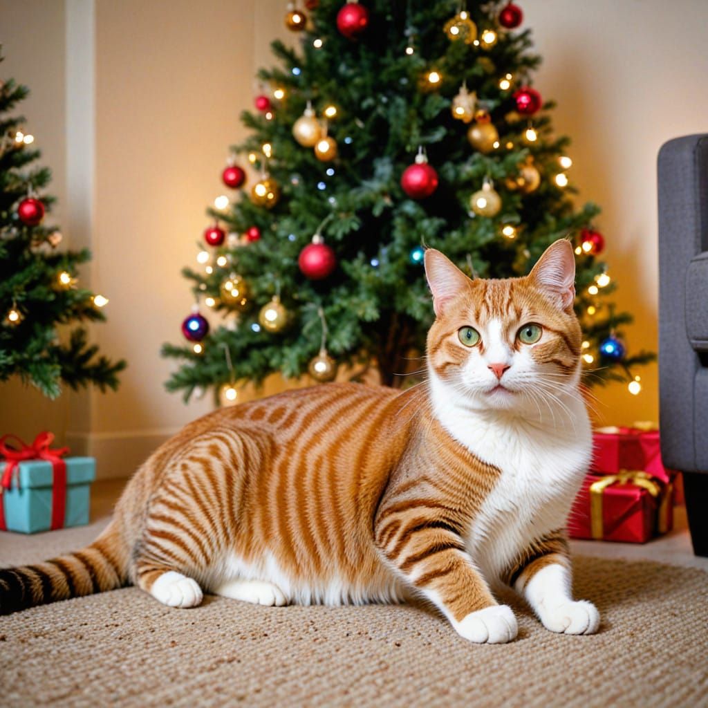 Joyful Cat Surrounded by a Vibrant Christmas Tree