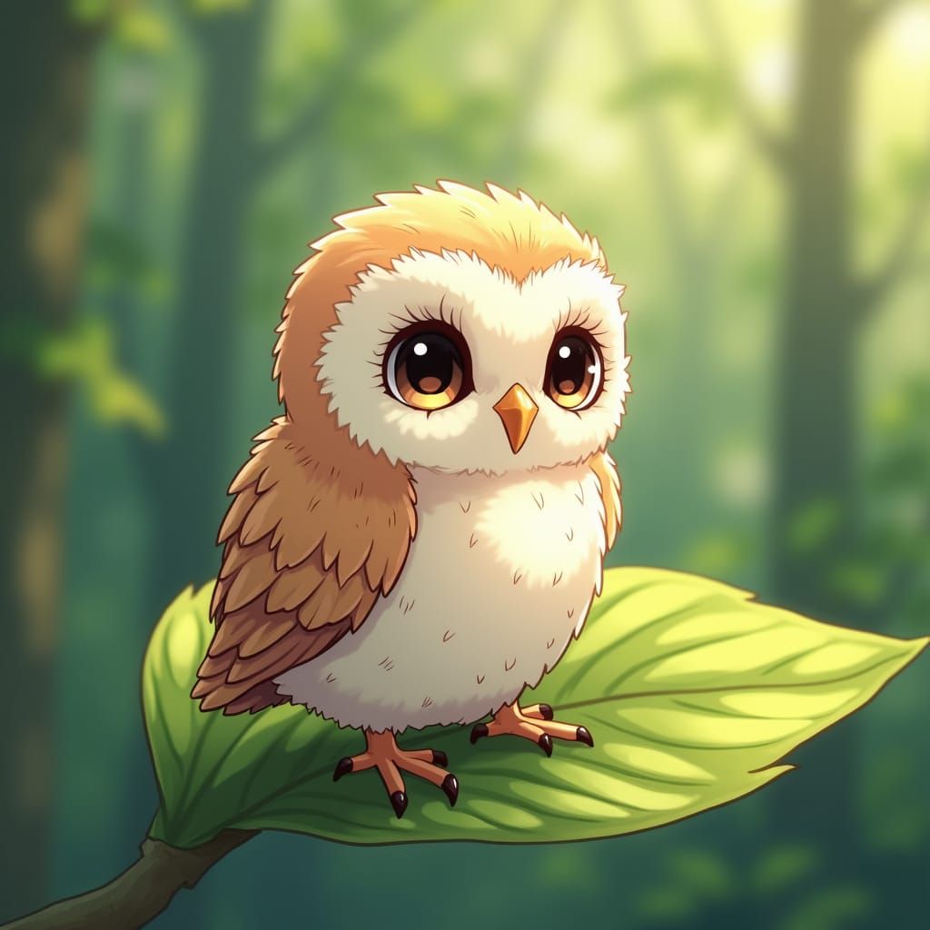 Moe Baby Owl on Emerald Leaf in Vibrant Pastel Colors