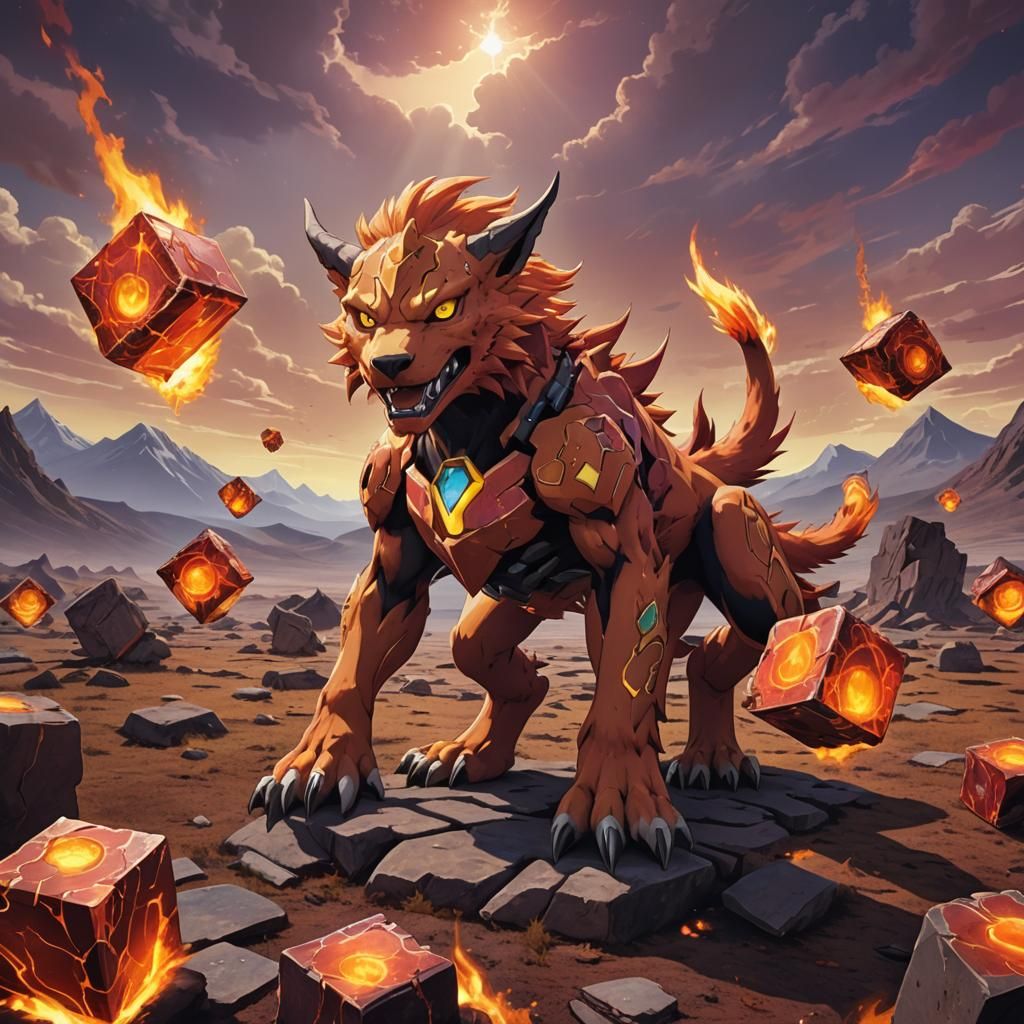 Fiery Digimon Amidst Glowing Jasper Squares in Vibrant Fanta...