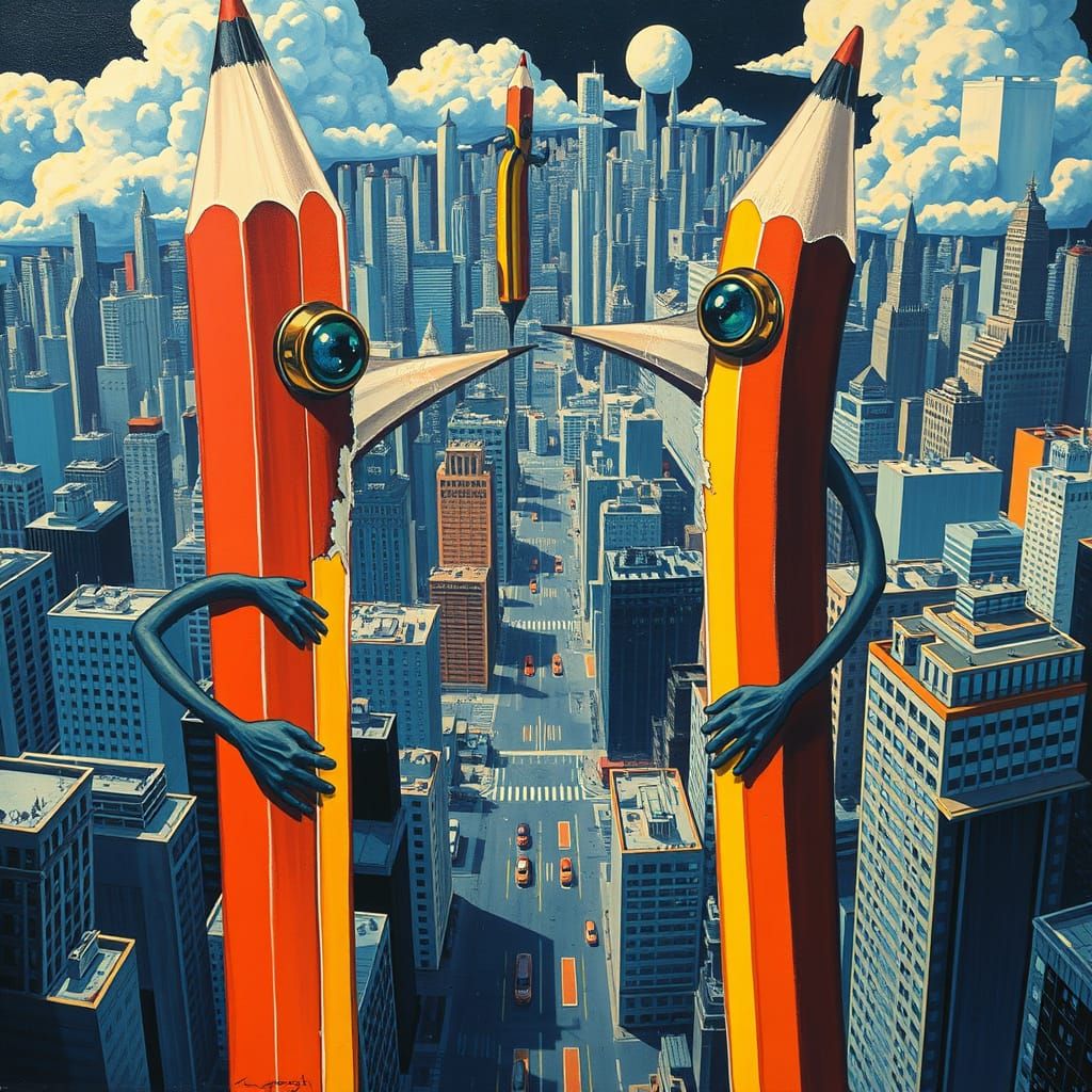 Sentient Pencils Reshape Surreal Cityscape