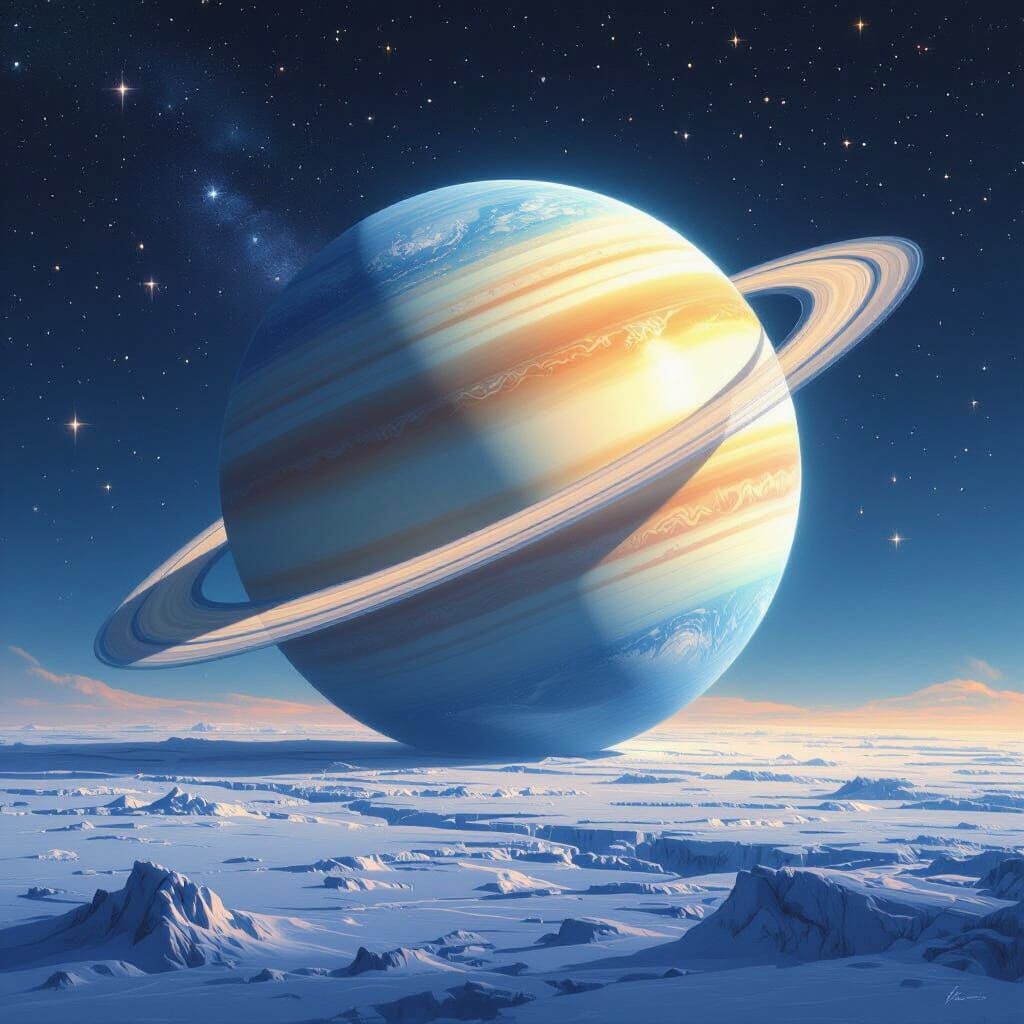 Earth Transformed: Ringed Planet in Cosmic Art Style