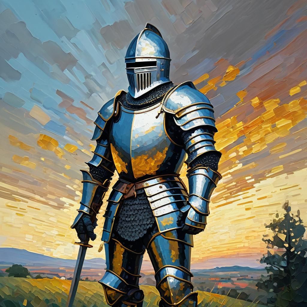 Pixelated Knight in Impressionistic Gouache Landscape