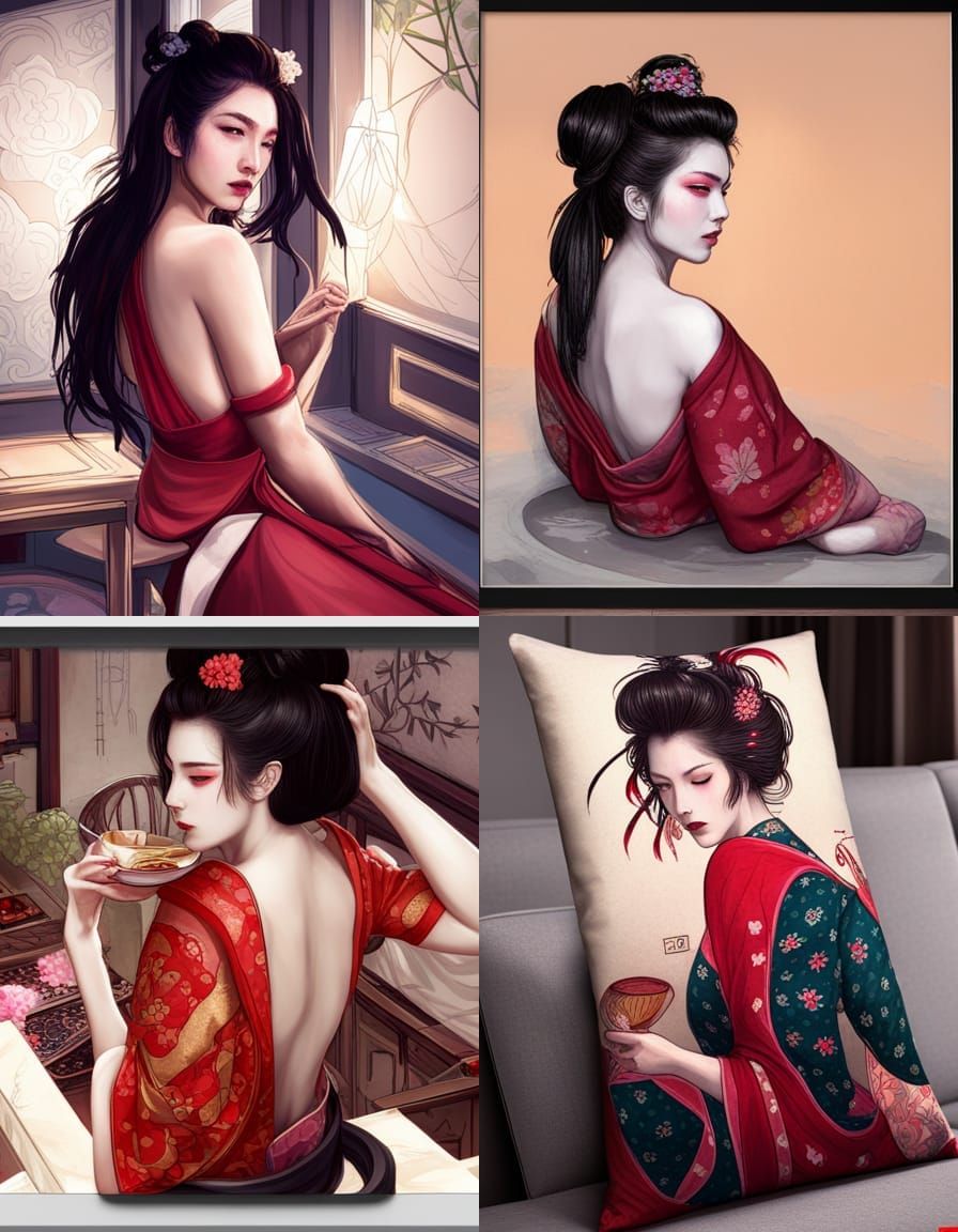 Geisha Portrait in Teahouse, Hyperdetailed Concept Art