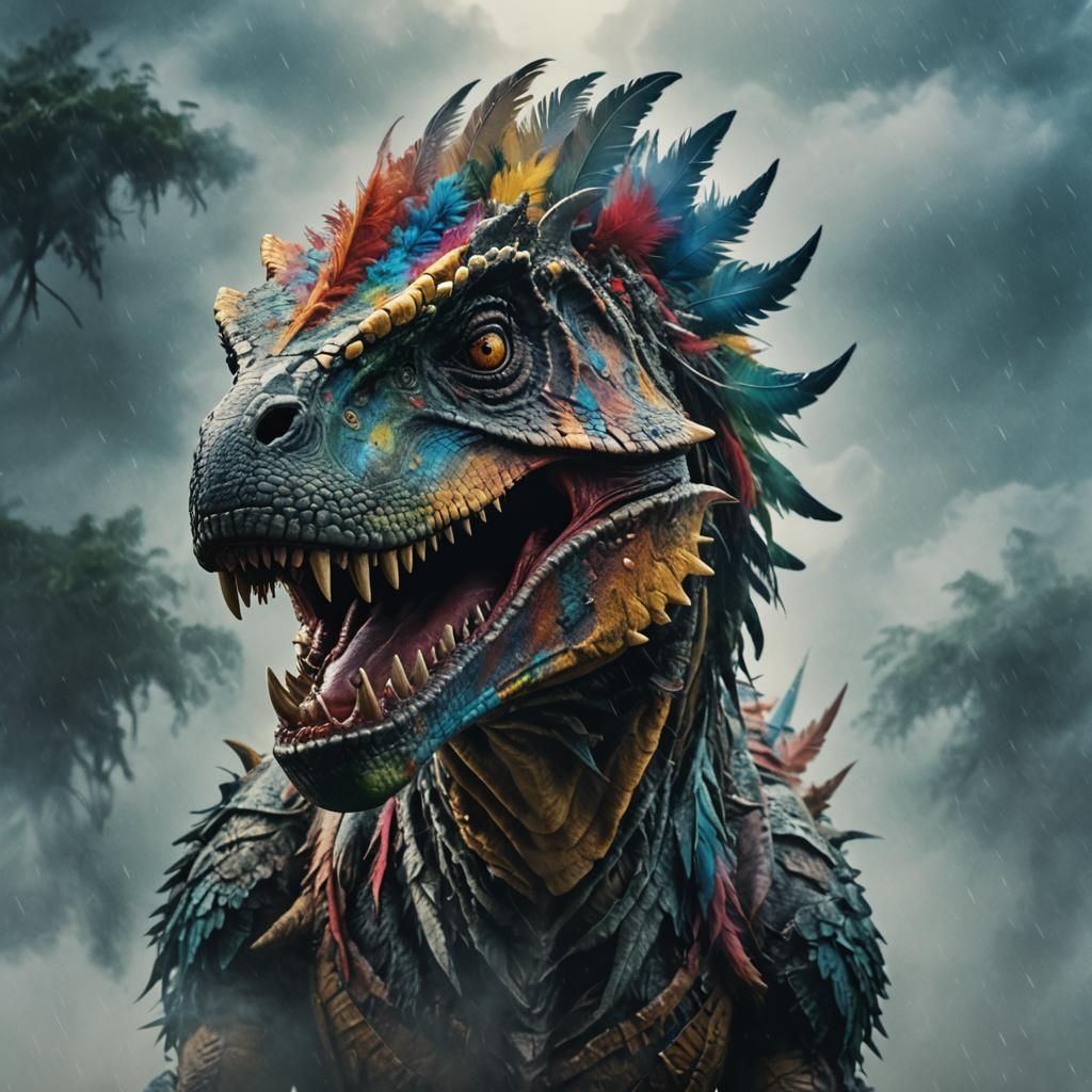 Colorful Feathered Tyrannosaurus Head in Analog Style