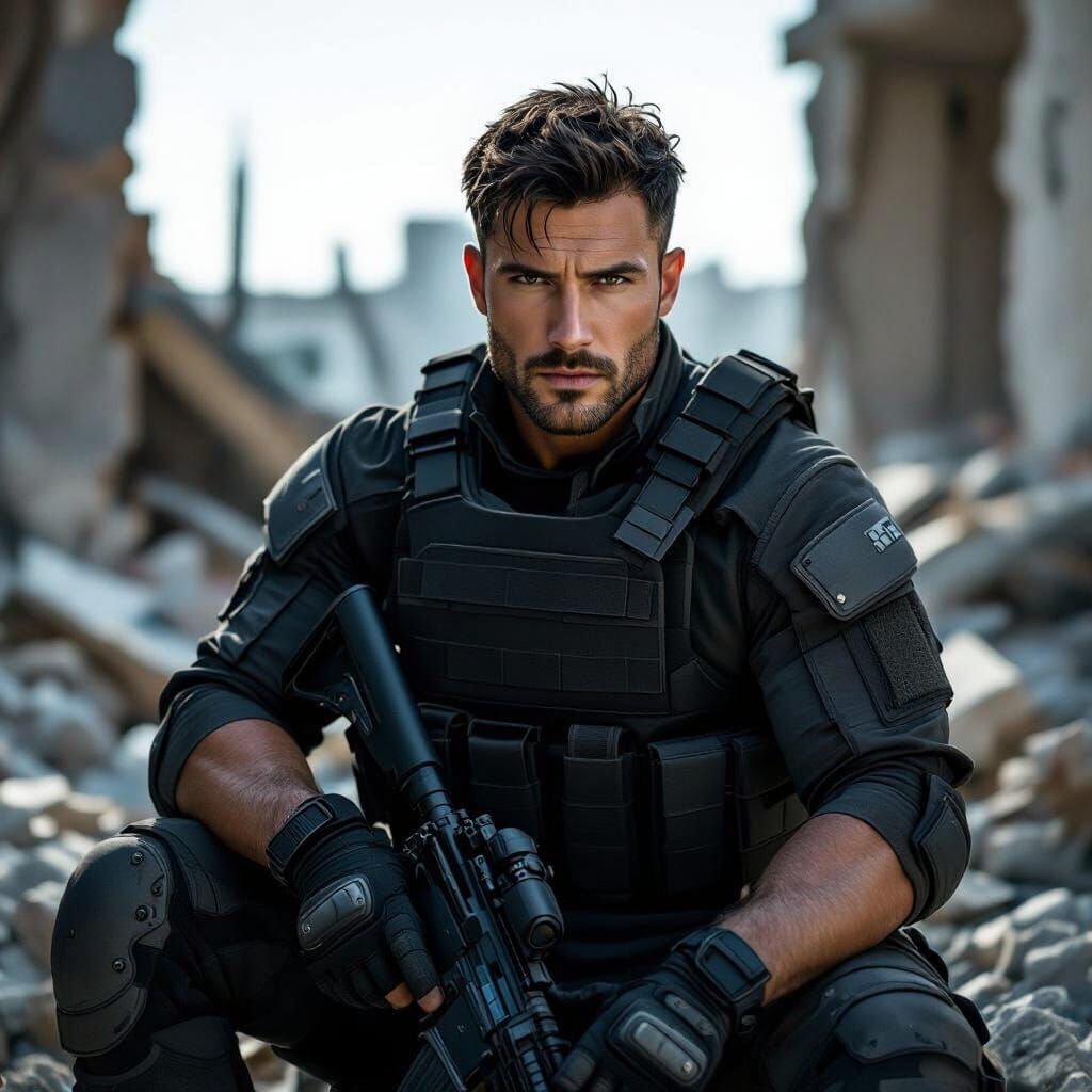 Determined Mercenary in Destroyed Building