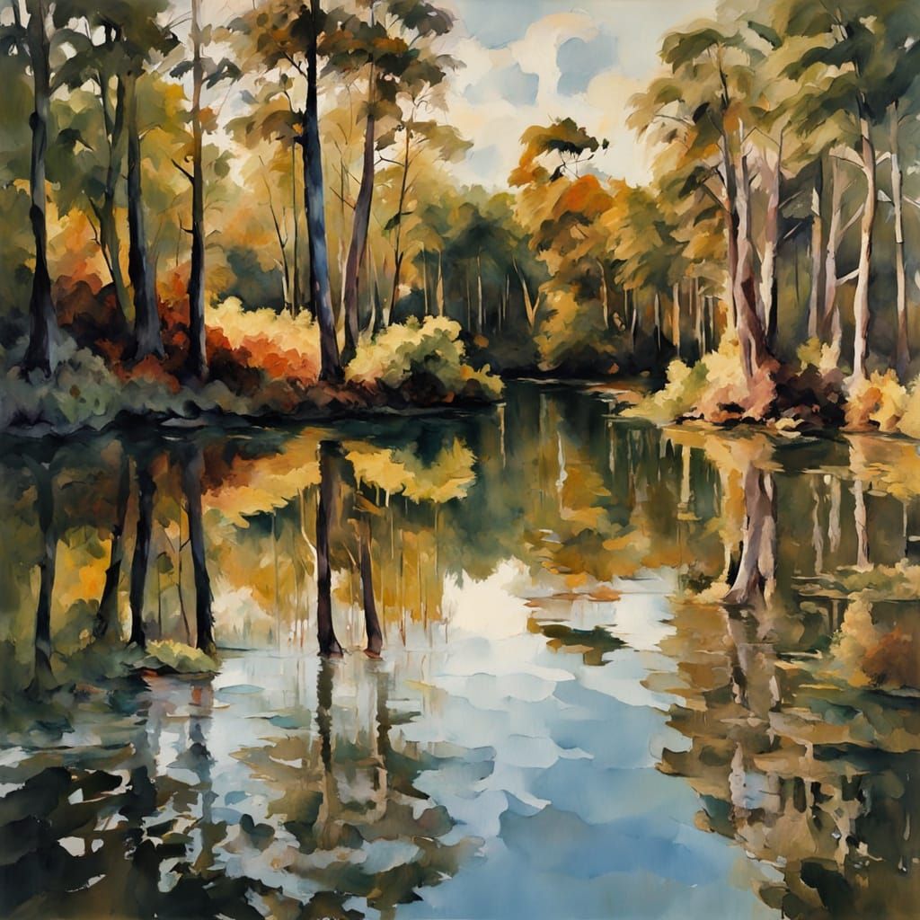 Mirrored Beach Landscape in Gouache Impressionist Style