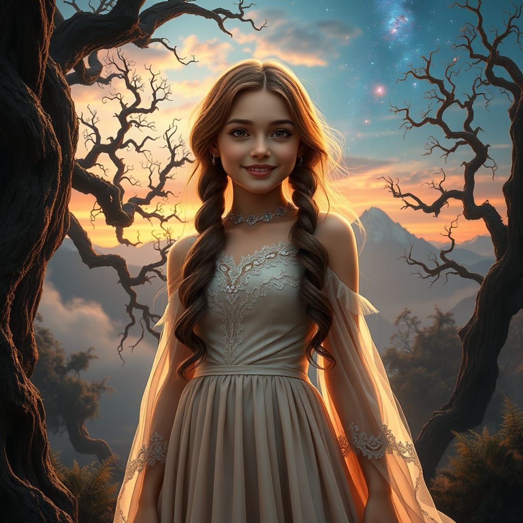 Elegant Girl in Mystical Sunset Realm