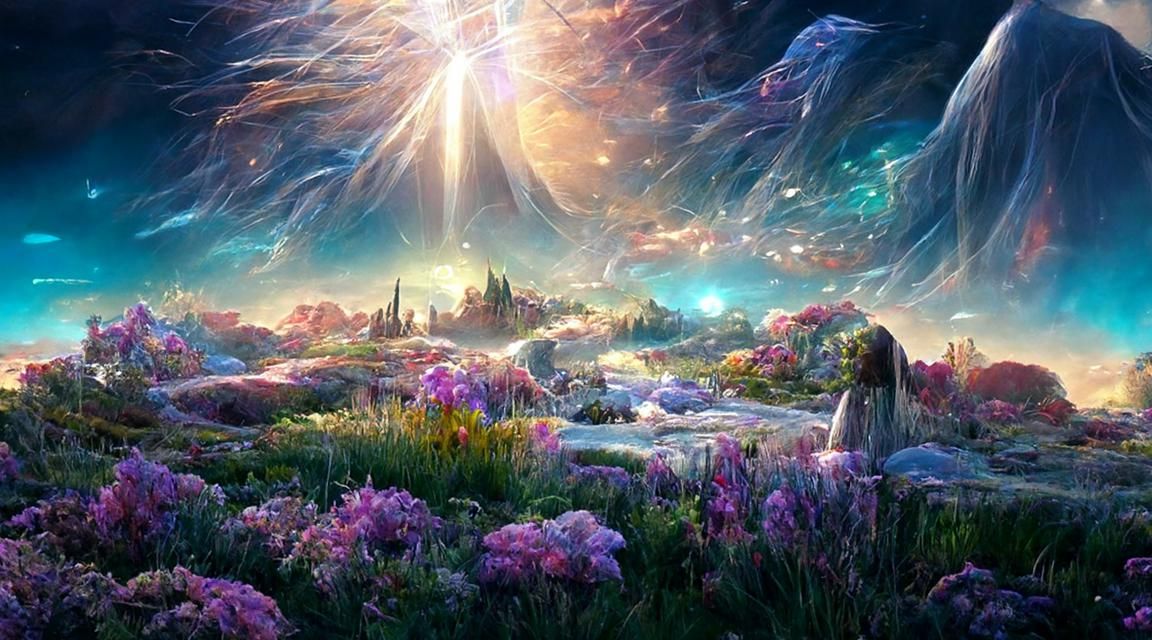 Iridescent Landscape with Luminous Sun as Digital Painting