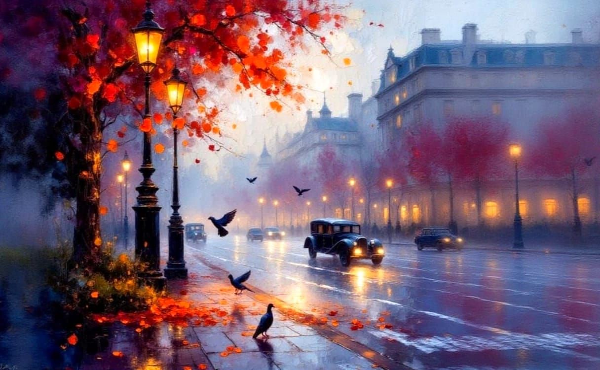 Impressionist London Street Scene at Dusk