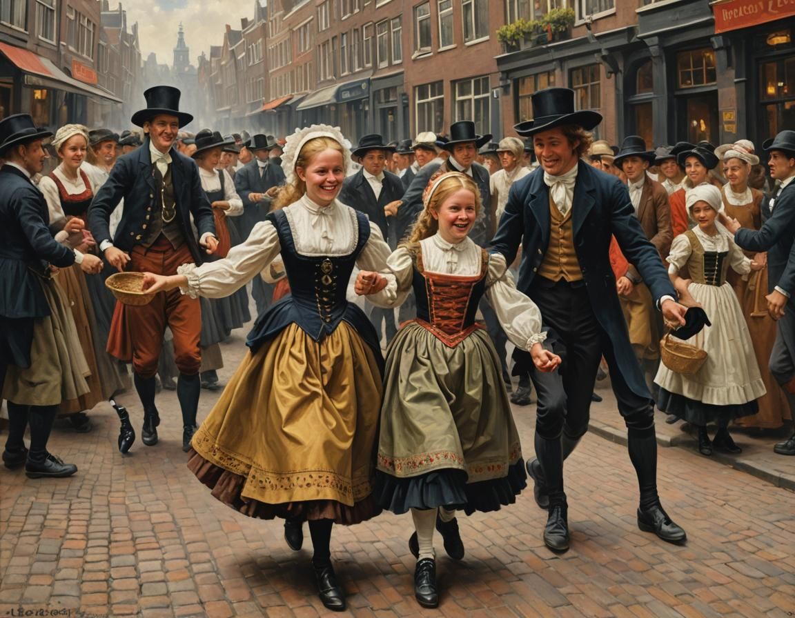 Dancing Dutch Children in Amsterdam, Oil Painting