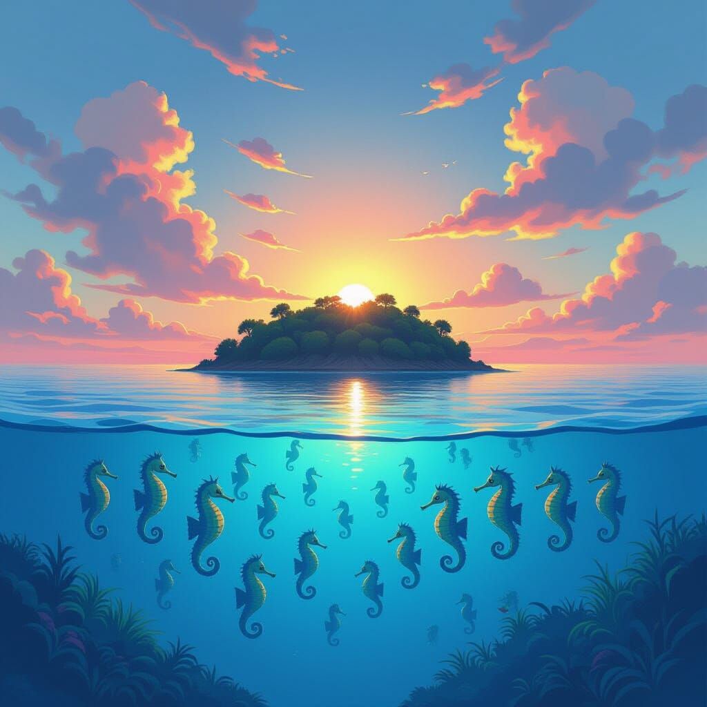 Iridescent Seahorses Surround Island at Sunset: Dreamy Art