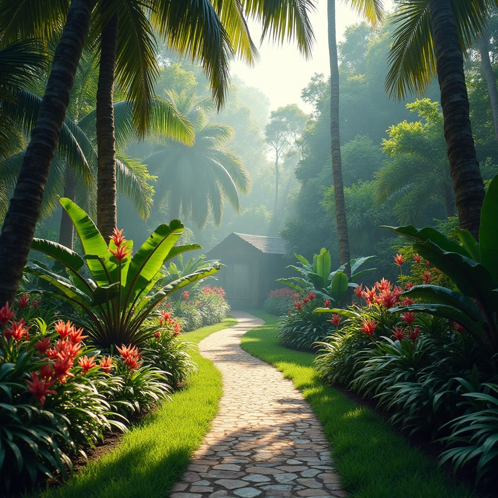 Tropical Garden Scene with Exotic Flowers and Birds