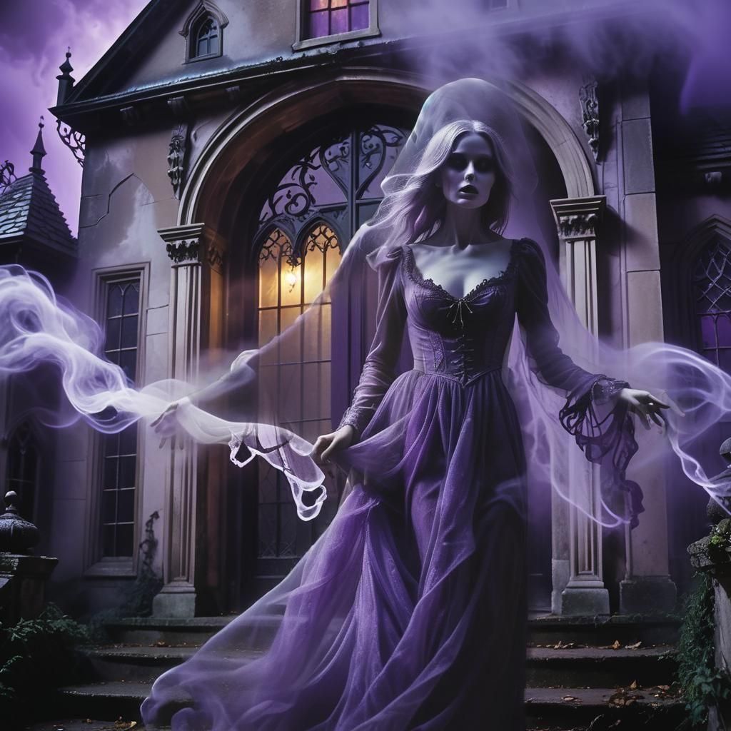 Ethereal Ghost Exits Haunted Manor in Surreal Portrait