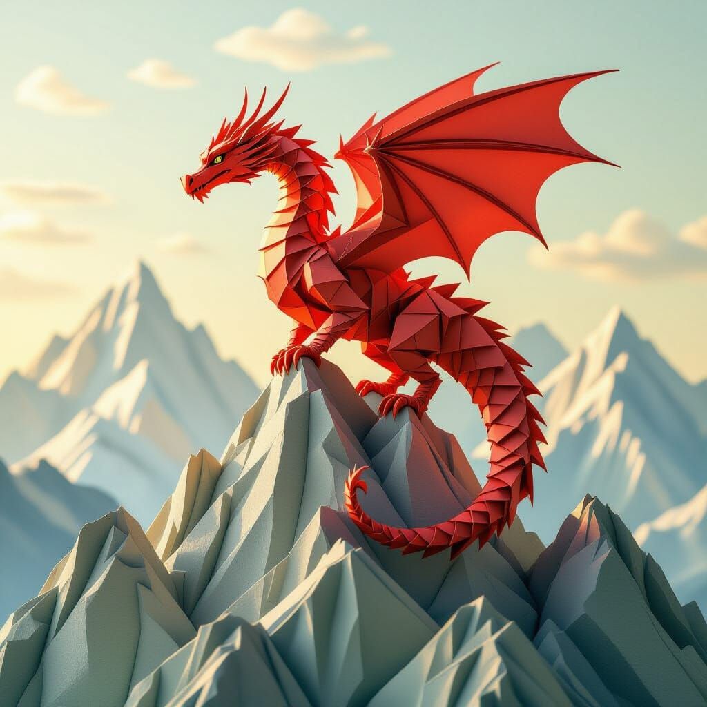 Origami Dragon on Cardstock Mountains in Dramatic Light