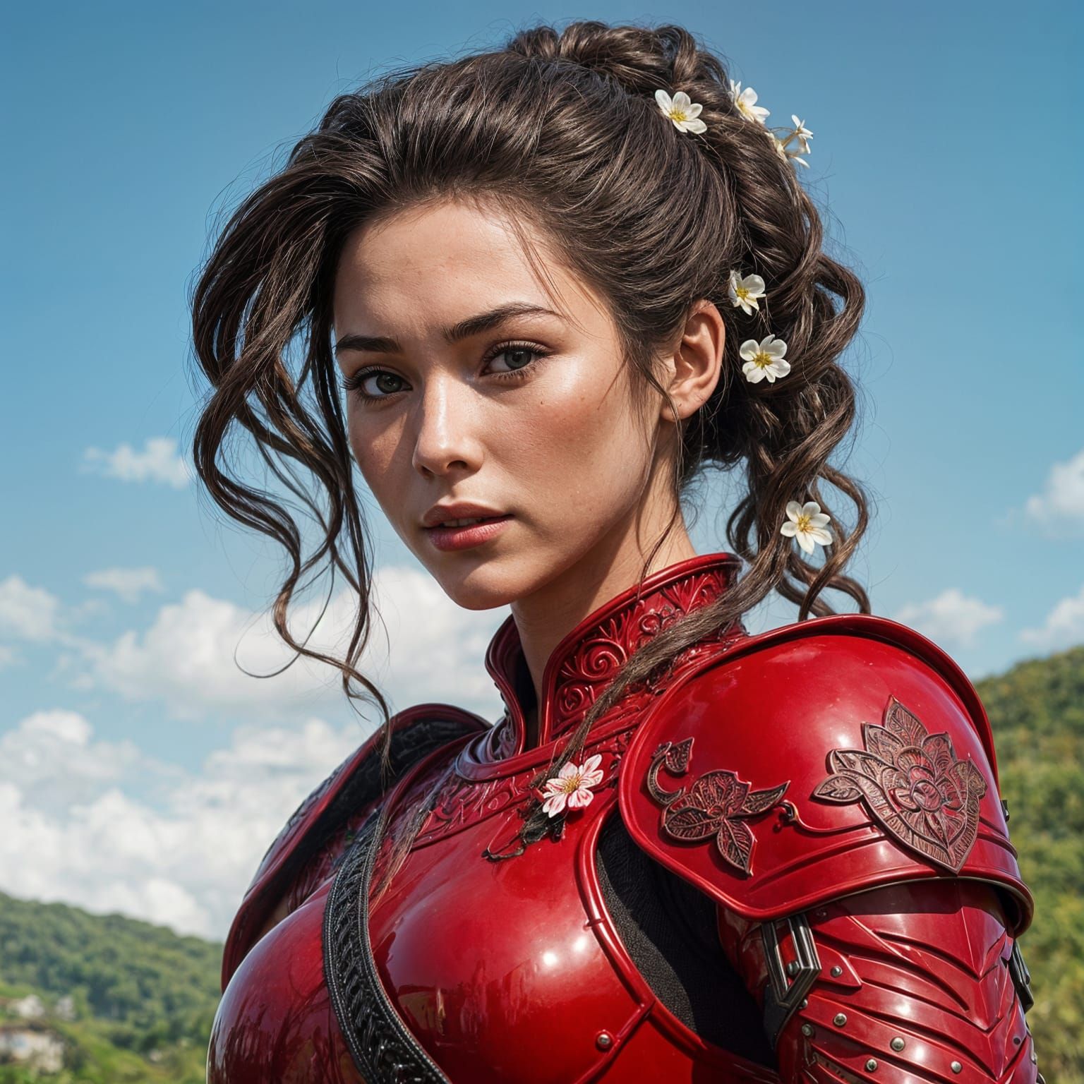 Hyperrealistic Woman in Red Latex Armor with Blossoms