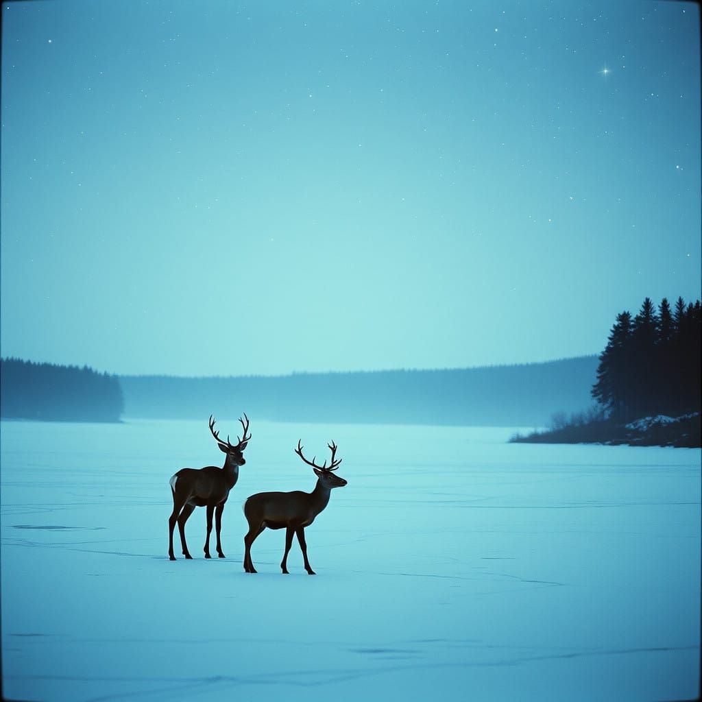 Deer in Cinematic Winter Wonderland with Starry Sky