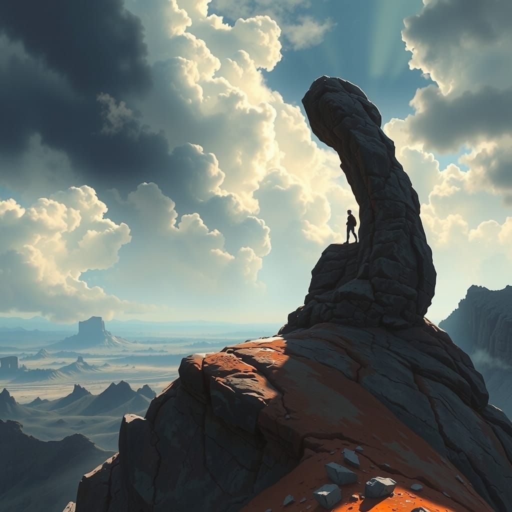 Figure on Stone Arch in Windswept Landscape