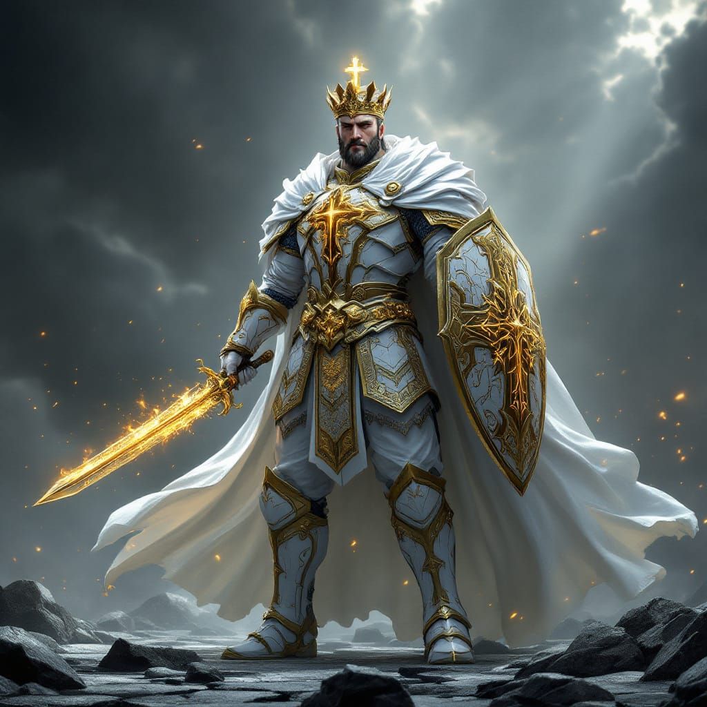 Paladin King in Sacred Armor with Holy Sword and Shield