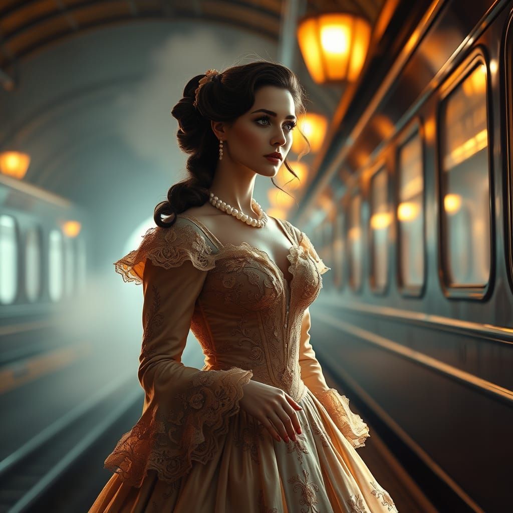 Elegant Victorian Lady Waits for Train in Golden Mist