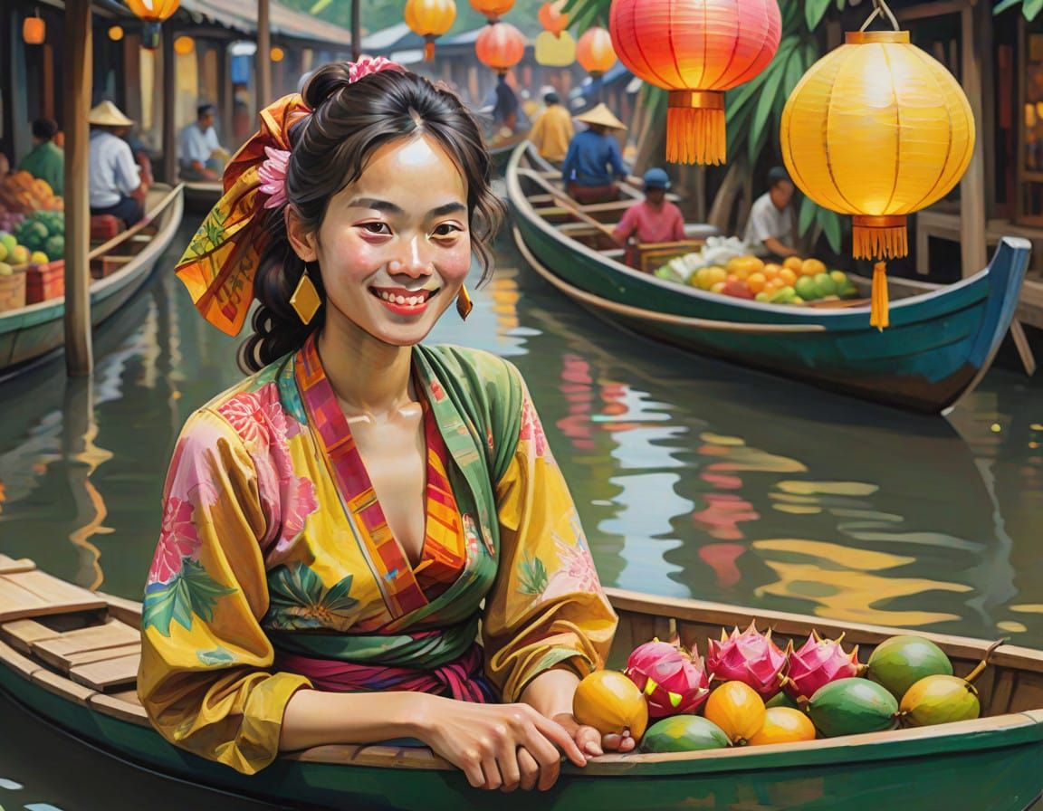 Thai Woman in Vibrant Floating Market Scene, Blending Ink an...