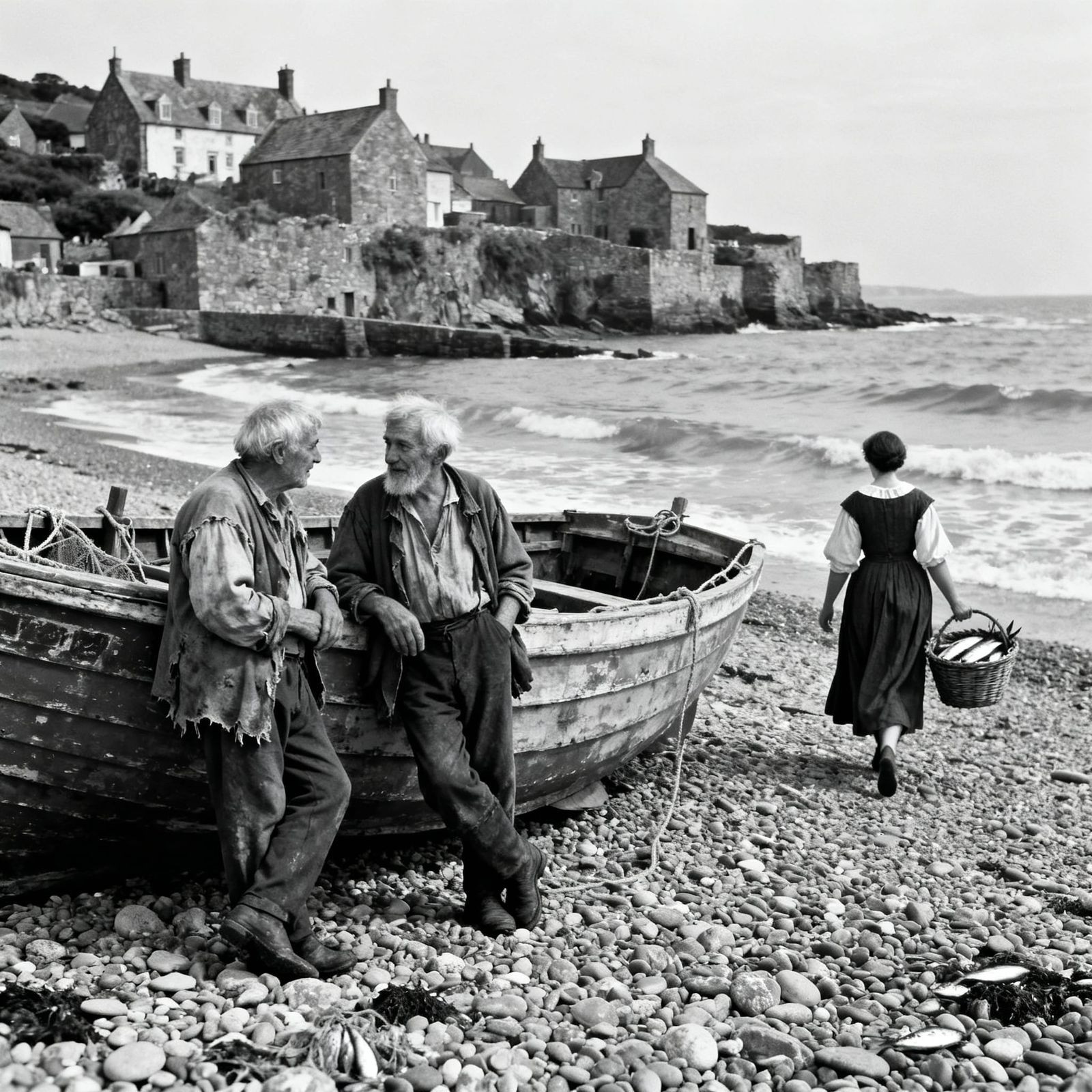 Old English Fishing Village Scene Black and White Photograph