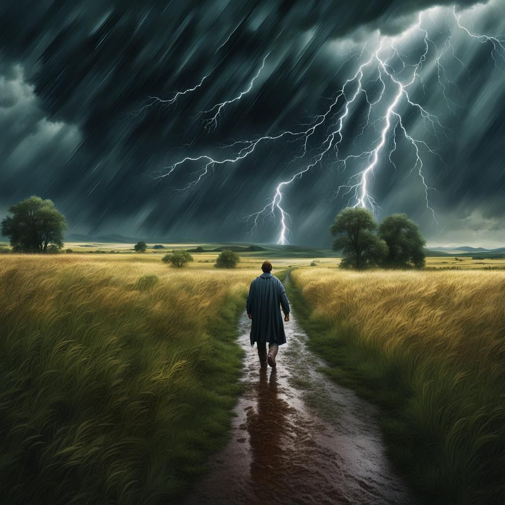 Hero Walks Through Summer Thunderstorm: Digital Matte Painti...